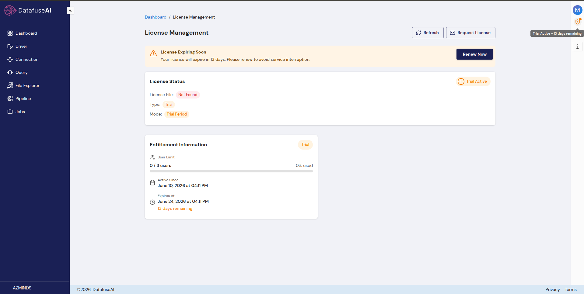 License Management page showing License Status, Entitlement Information, and an expiring-soon banner