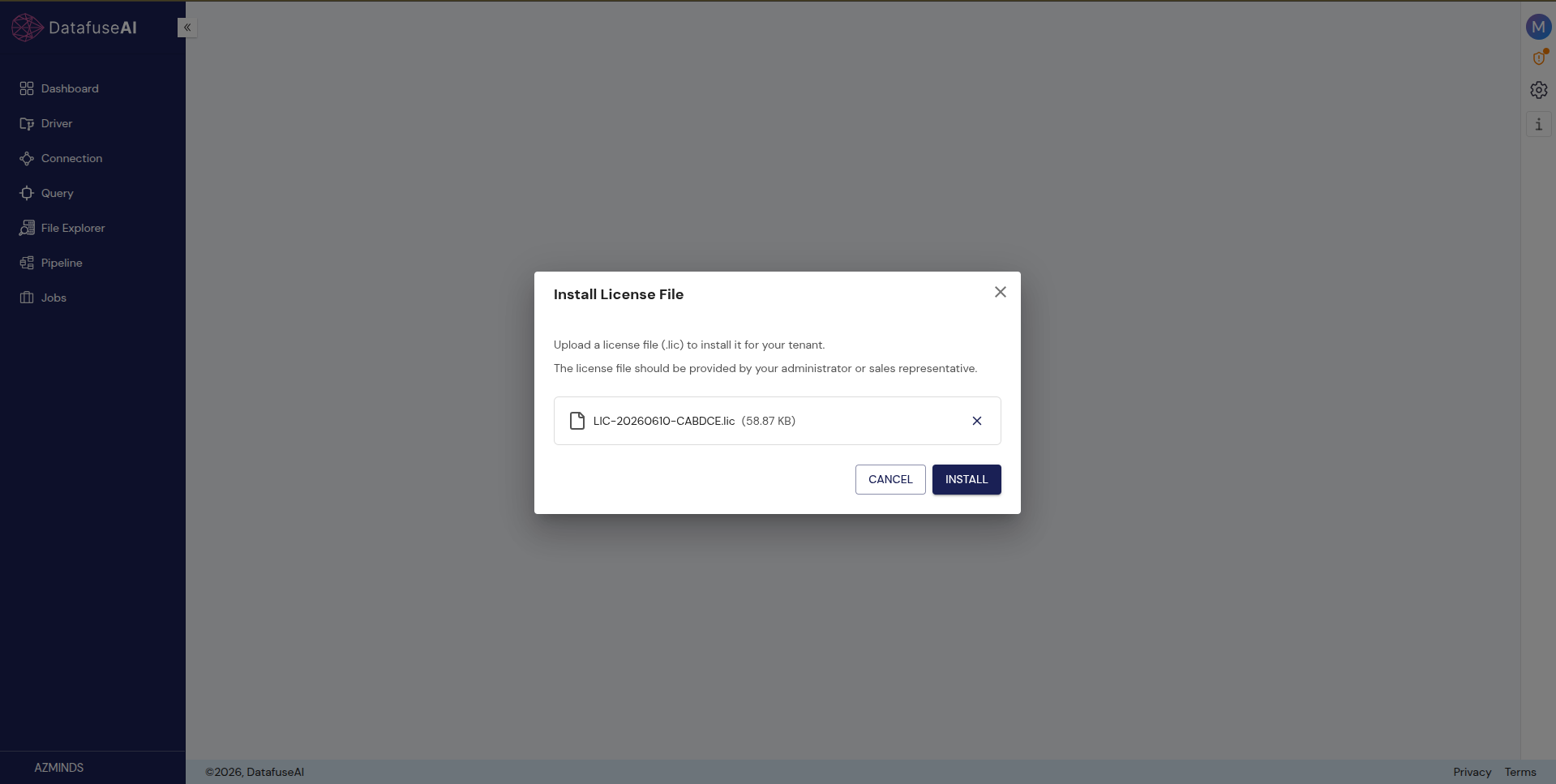 Install License File dialog with a selected .lic file