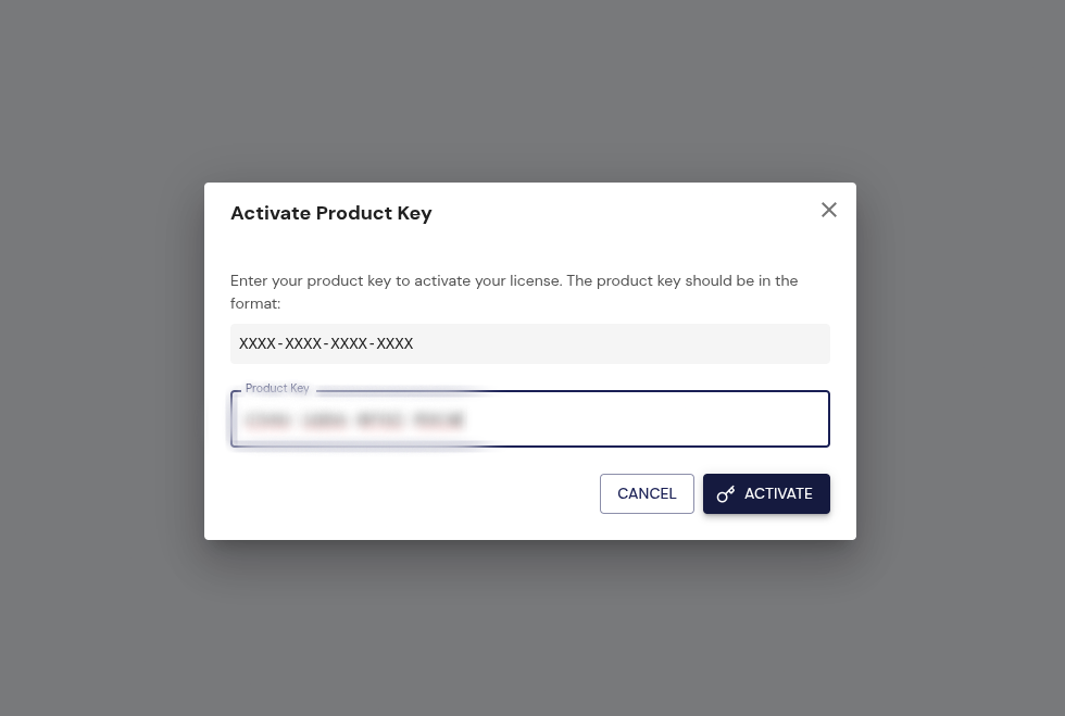 Activate Product Key dialog with the XXXX-XXXX-XXXX-XXXX input